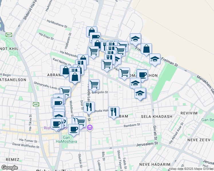 map of restaurants, bars, coffee shops, grocery stores, and more near 77 HaGdud Haivri Street in Rishon LeTsiyon