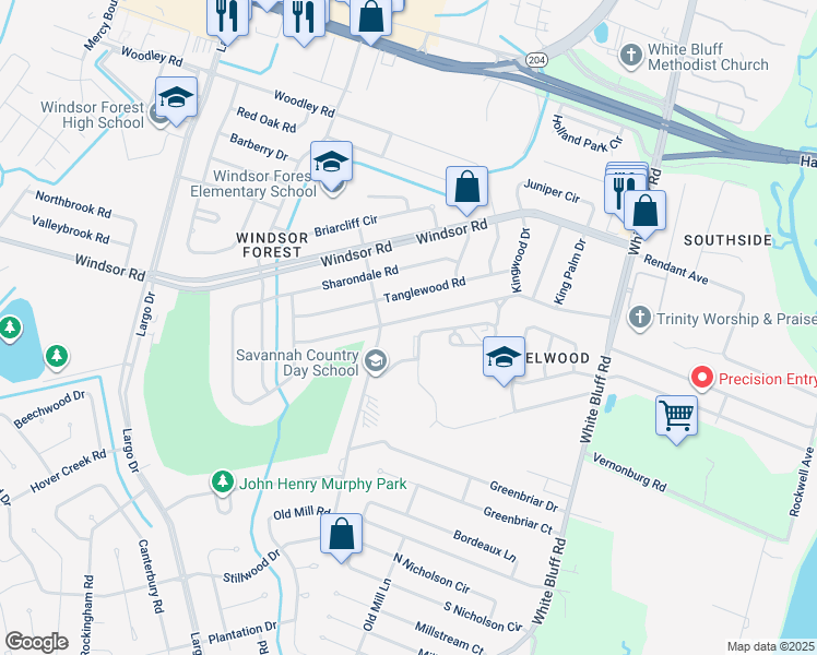 map of restaurants, bars, coffee shops, grocery stores, and more near 321 Tanglewood Road in Savannah