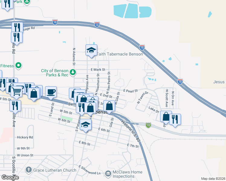 map of restaurants, bars, coffee shops, grocery stores, and more near 350 East Pearl Street in Benson