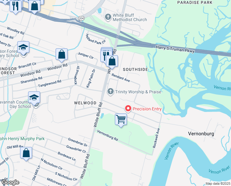 map of restaurants, bars, coffee shops, grocery stores, and more near 12510 White Bluff Road in Savannah