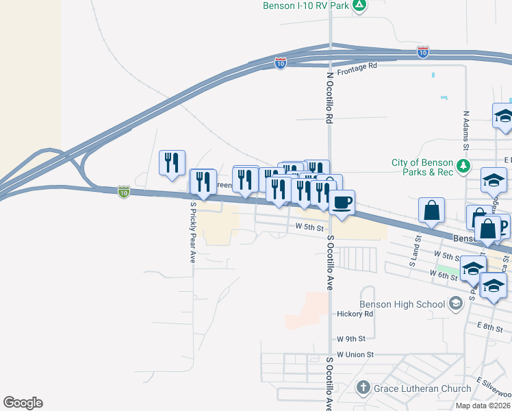 map of restaurants, bars, coffee shops, grocery stores, and more near 732 Interstate 10 Business in Benson