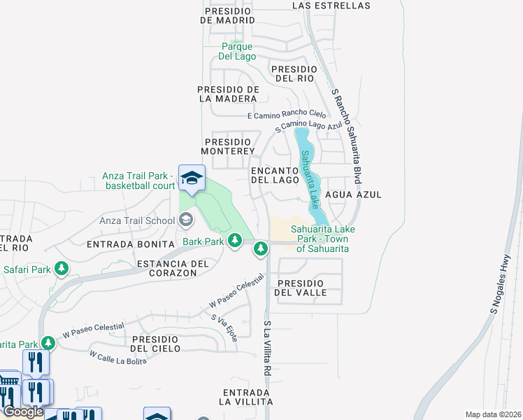 map of restaurants, bars, coffee shops, grocery stores, and more near 15379 South Via Rancho Grande in Sahuarita