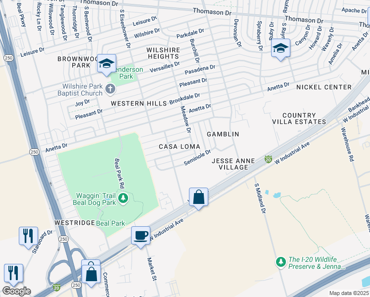 map of restaurants, bars, coffee shops, grocery stores, and more near 4606 Kiowa Drive in Midland