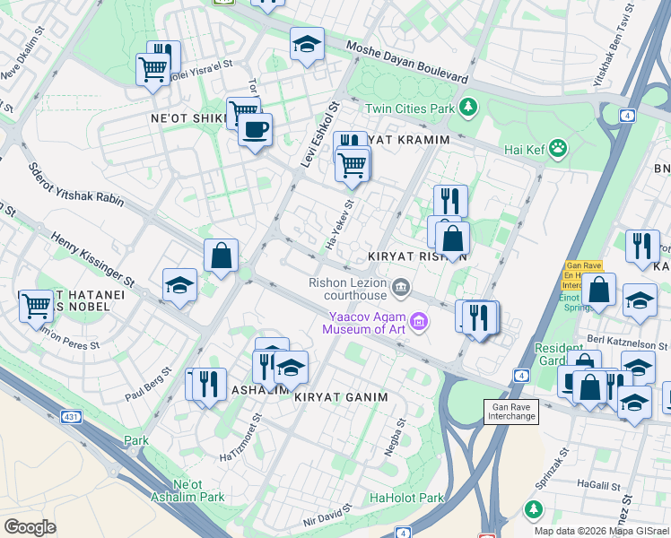 map of restaurants, bars, coffee shops, grocery stores, and more near in Rishon LeZion