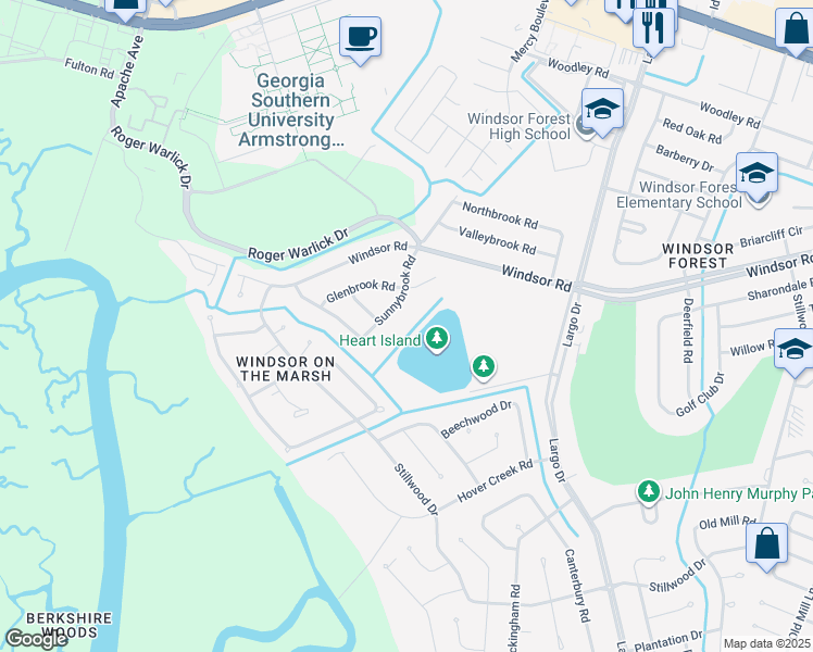 map of restaurants, bars, coffee shops, grocery stores, and more near 12607 Sunnybrook Road in Savannah