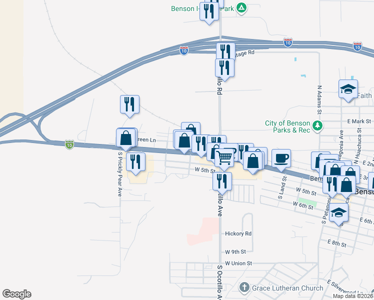 map of restaurants, bars, coffee shops, grocery stores, and more near 720 W 4th St in Benson