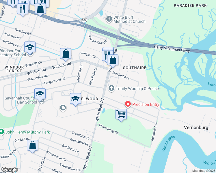 map of restaurants, bars, coffee shops, grocery stores, and more near 12510 White Bluff Road in Savannah