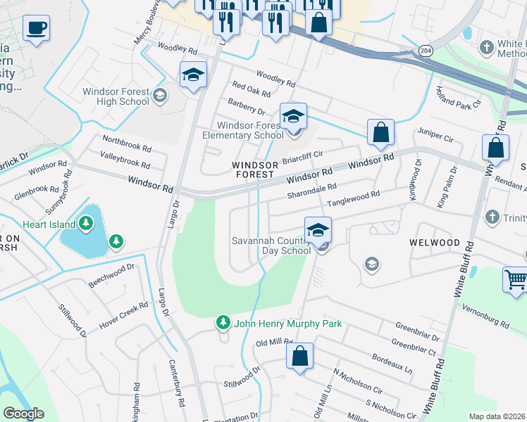 map of restaurants, bars, coffee shops, grocery stores, and more near 12745 Golf Club Drive in Savannah