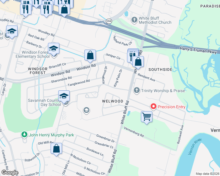 map of restaurants, bars, coffee shops, grocery stores, and more near 105 Willow Road in Savannah