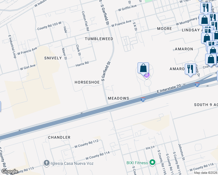 map of restaurants, bars, coffee shops, grocery stores, and more near 2301 Cotton Flat Road in Midland