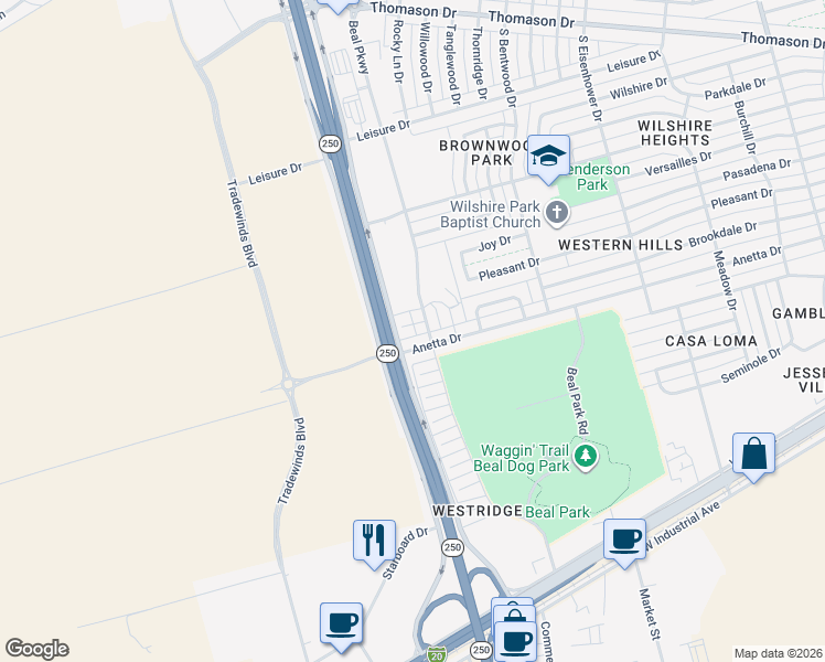 map of restaurants, bars, coffee shops, grocery stores, and more near 5305 Audie Court in Midland