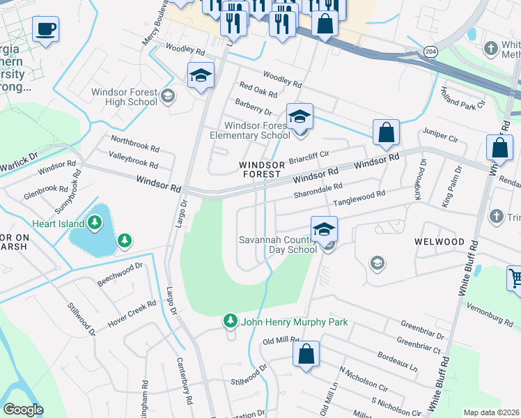 map of restaurants, bars, coffee shops, grocery stores, and more near 12745 Golf Club Drive in Savannah
