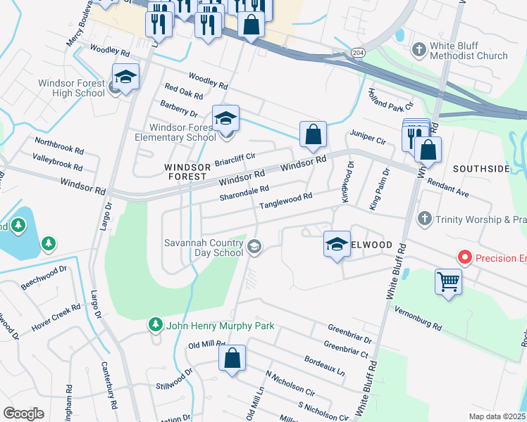 map of restaurants, bars, coffee shops, grocery stores, and more near 321 Tanglewood Road in Savannah