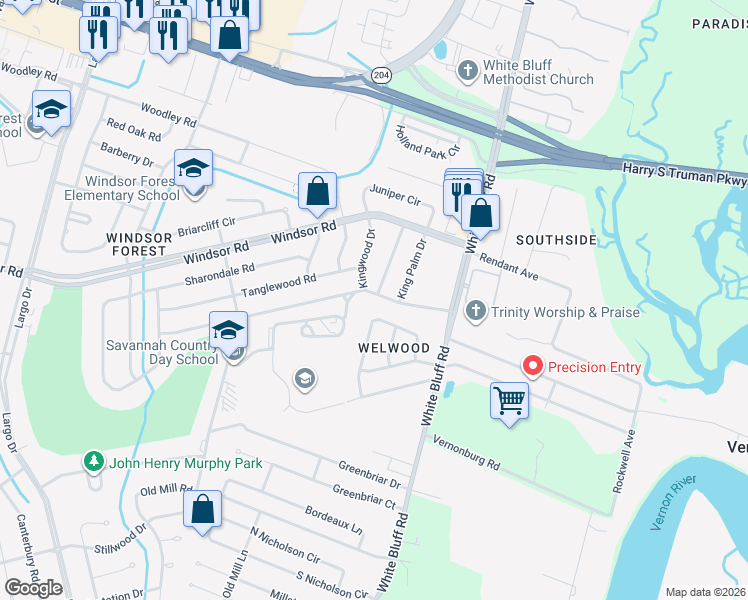 map of restaurants, bars, coffee shops, grocery stores, and more near 105 Willow Road in Savannah