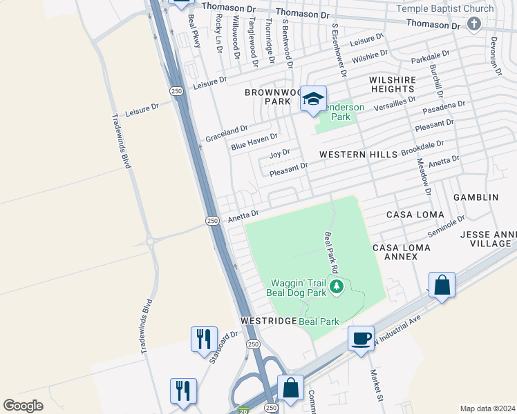 map of restaurants, bars, coffee shops, grocery stores, and more near 5206 Anetta Drive in Midland
