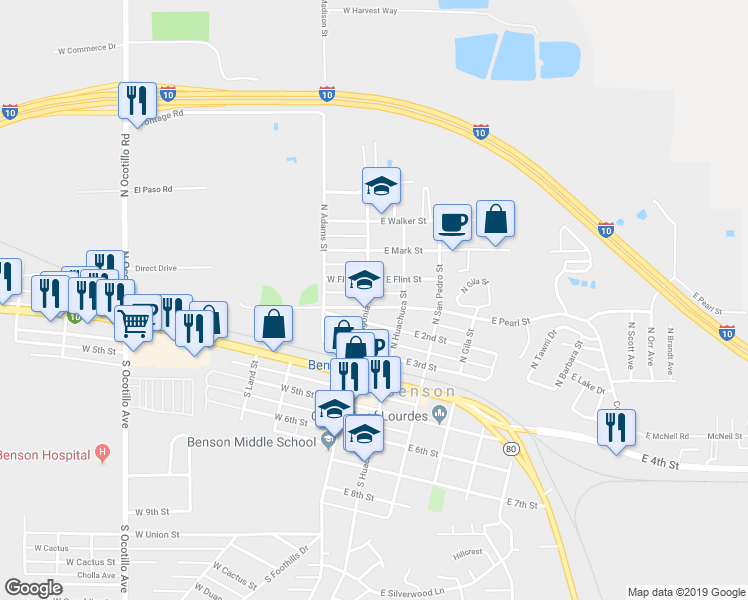 map of restaurants, bars, coffee shops, grocery stores, and more near 105 East Pearl Street in Benson