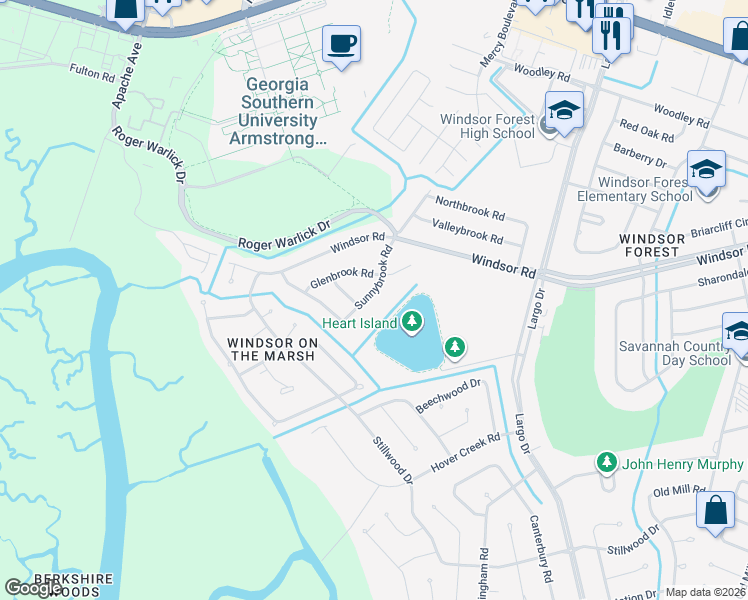 map of restaurants, bars, coffee shops, grocery stores, and more near 12607 Sunnybrook Road in Savannah