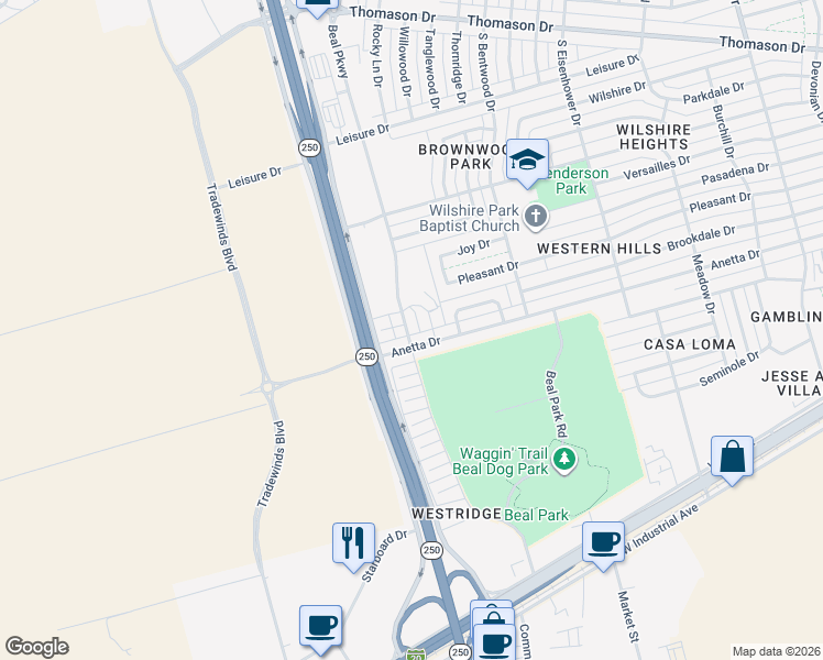map of restaurants, bars, coffee shops, grocery stores, and more near 5305 Audie Court in Midland