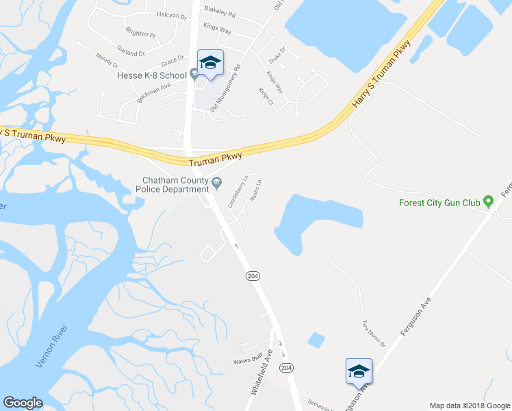 map of restaurants, bars, coffee shops, grocery stores, and more near 9 Rustic Lane in Savannah