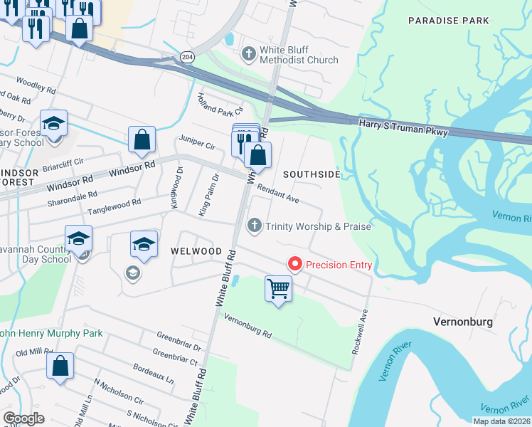 map of restaurants, bars, coffee shops, grocery stores, and more near 12532 White Bluff Road in Savannah