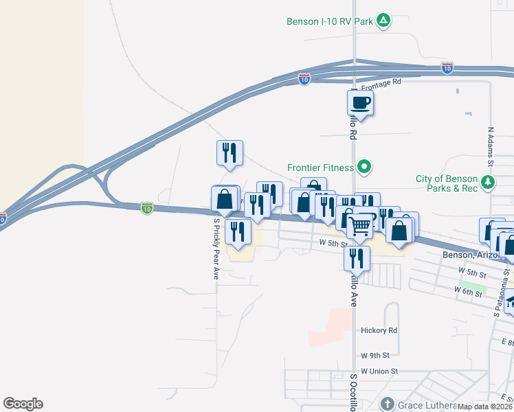 map of restaurants, bars, coffee shops, grocery stores, and more near 860 W 4th St in Benson