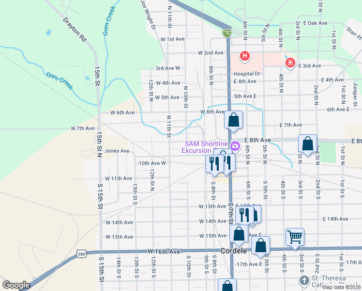 map of restaurants, bars, coffee shops, grocery stores, and more near 406 West 9th Avenue in Cordele