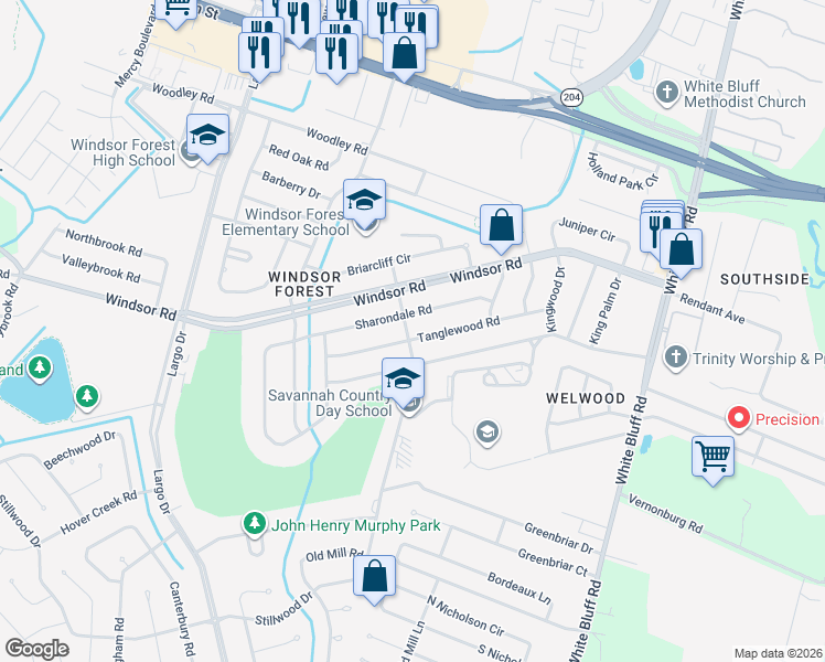 map of restaurants, bars, coffee shops, grocery stores, and more near 321 Tanglewood Road in Savannah