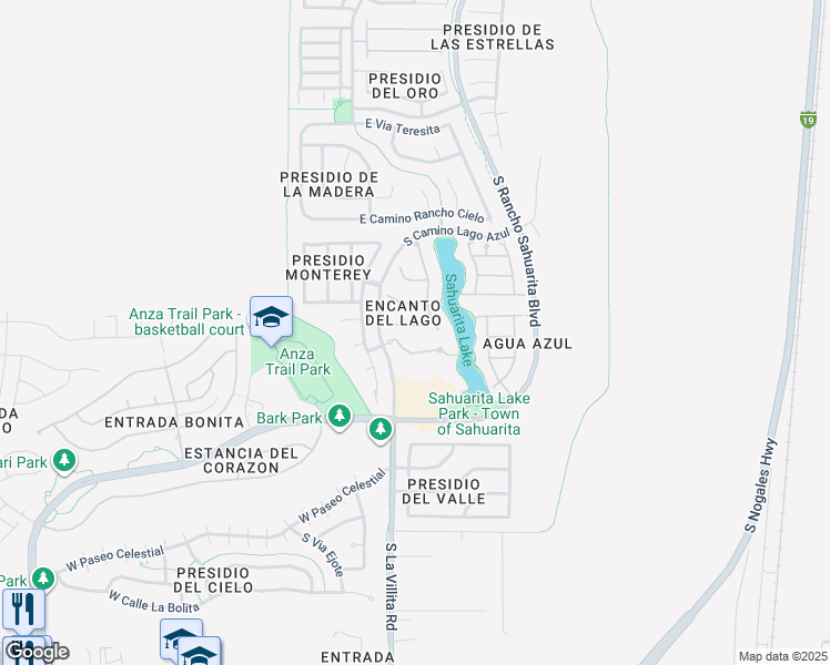 map of restaurants, bars, coffee shops, grocery stores, and more near 250 East Placita Lago DELMAGO in Sahuarita
