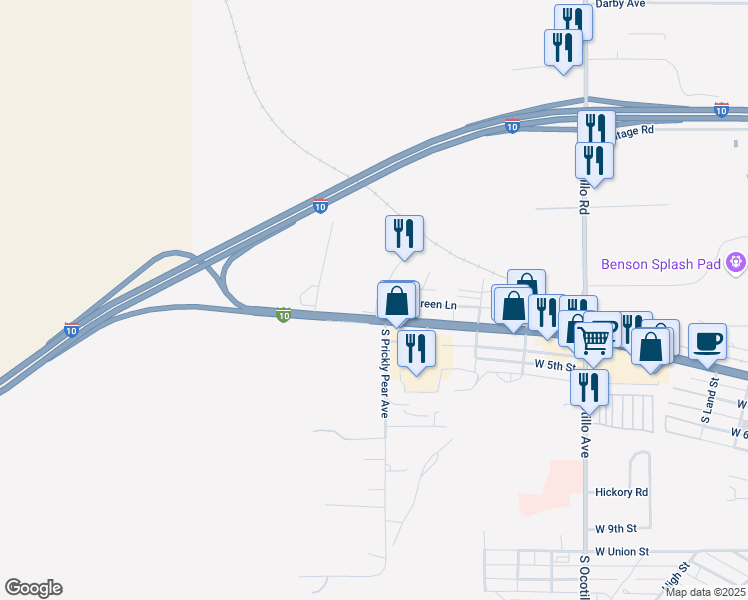 map of restaurants, bars, coffee shops, grocery stores, and more near 201 North Prickly Pear Avenue in Benson