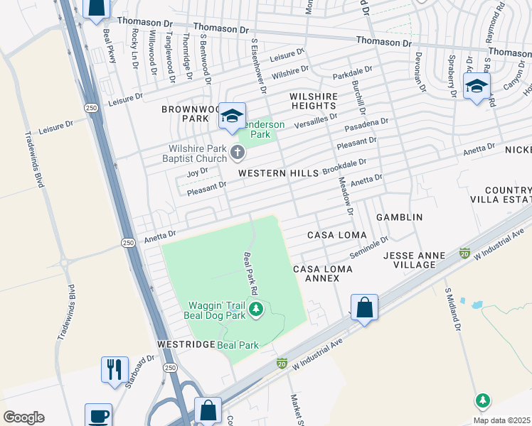 map of restaurants, bars, coffee shops, grocery stores, and more near 4805 Anetta Drive in Midland