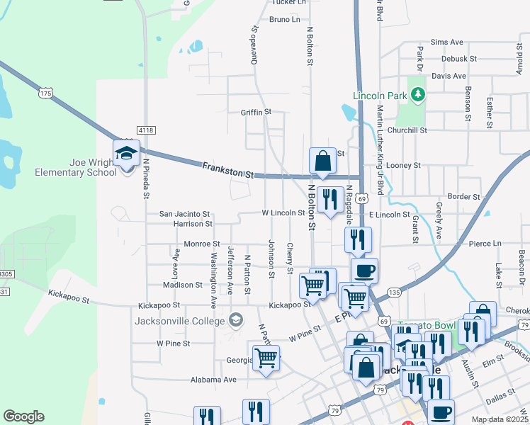 map of restaurants, bars, coffee shops, grocery stores, and more near 299 West Lincoln Street in Jacksonville