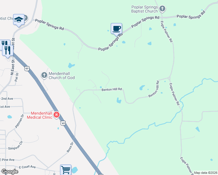 map of restaurants, bars, coffee shops, grocery stores, and more near 111 Johnny Rawls Road in Mendenhall