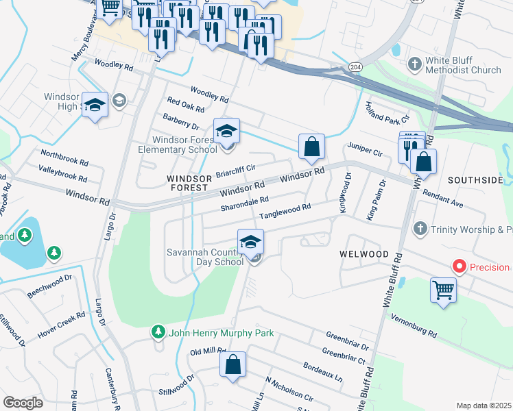 map of restaurants, bars, coffee shops, grocery stores, and more near 323 Sharondale Road in Savannah