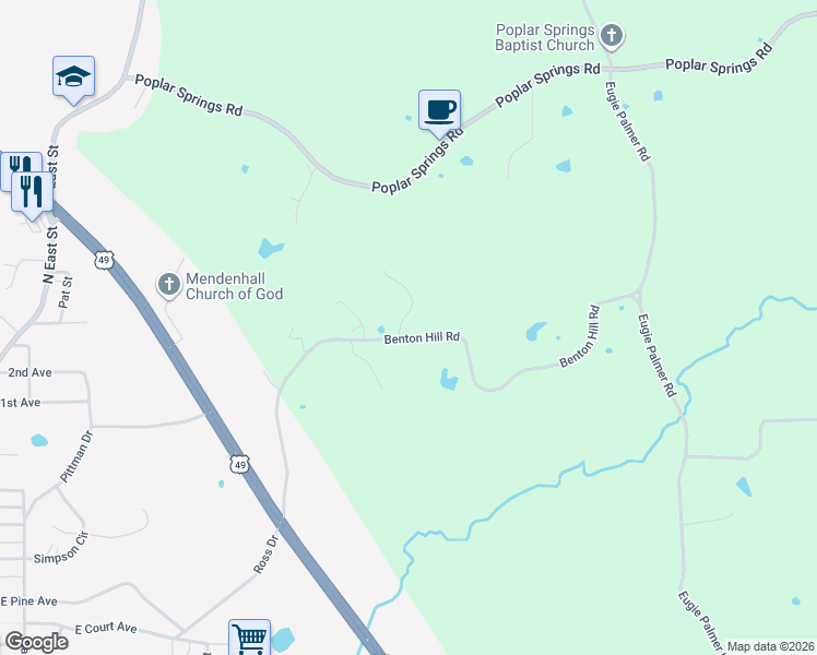 map of restaurants, bars, coffee shops, grocery stores, and more near 111 Johnny Rawls Road in Mendenhall