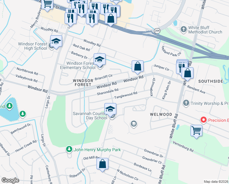 map of restaurants, bars, coffee shops, grocery stores, and more near 322 Sharondale Road in Savannah