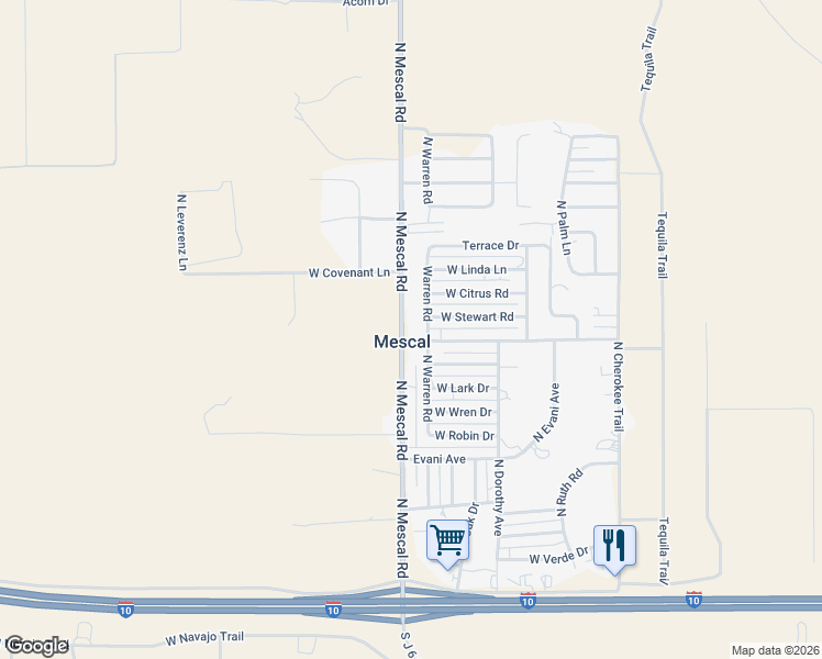 map of restaurants, bars, coffee shops, grocery stores, and more near 455 North Mescal Road in Benson