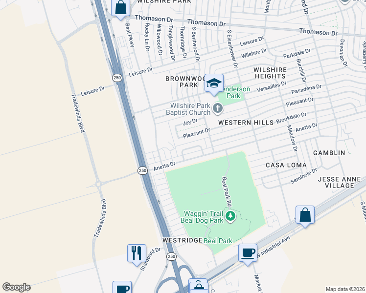 map of restaurants, bars, coffee shops, grocery stores, and more near 5019 Pleasant Drive in Midland