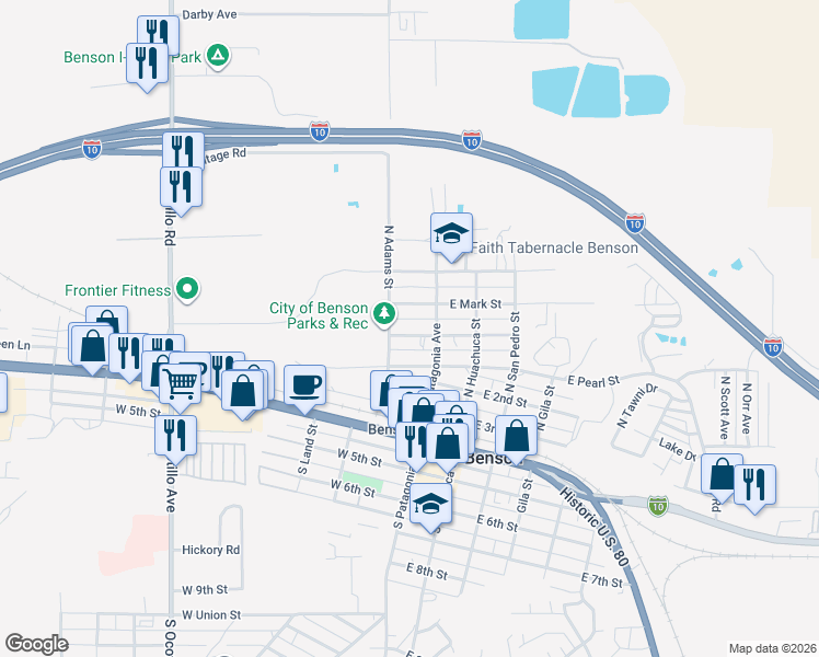 map of restaurants, bars, coffee shops, grocery stores, and more near 162 West Flint Street in Benson