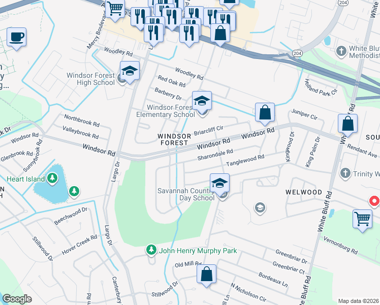 map of restaurants, bars, coffee shops, grocery stores, and more near 415 Windsor Road in Savannah