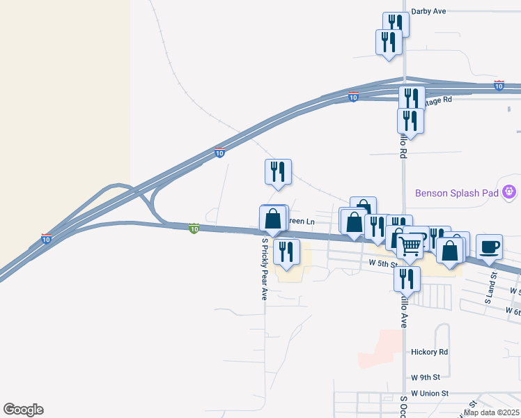 map of restaurants, bars, coffee shops, grocery stores, and more near 201 North Prickly Pear Avenue in Benson
