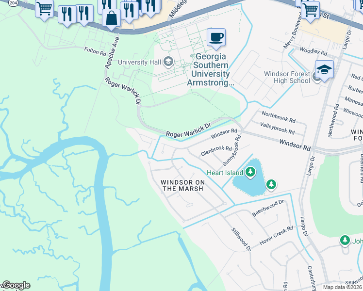 map of restaurants, bars, coffee shops, grocery stores, and more near 802 Windsor Road in Savannah