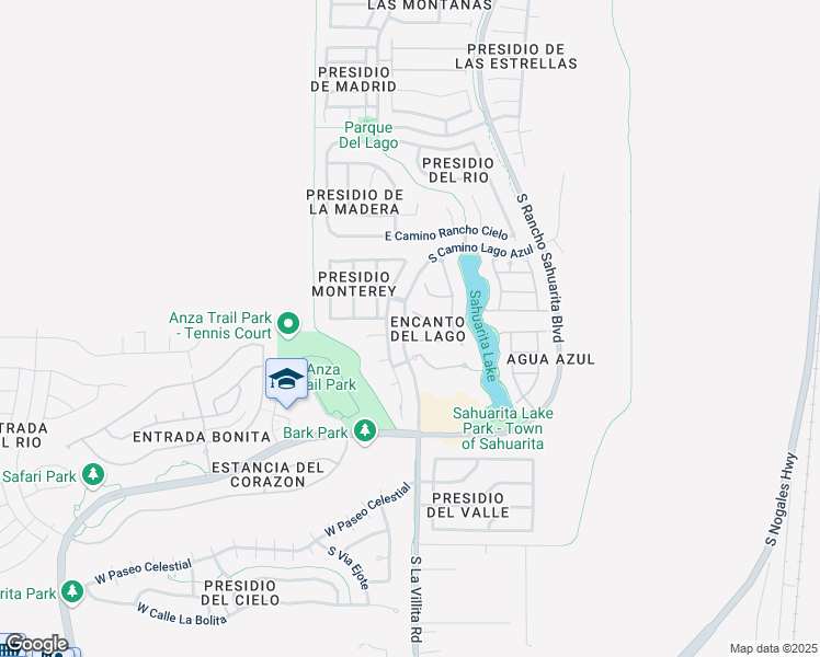 map of restaurants, bars, coffee shops, grocery stores, and more near 107 East Placita Lago del Encanto in Sahuarita