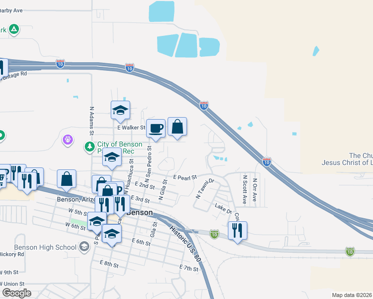 map of restaurants, bars, coffee shops, grocery stores, and more near 476 E Mark St in Benson