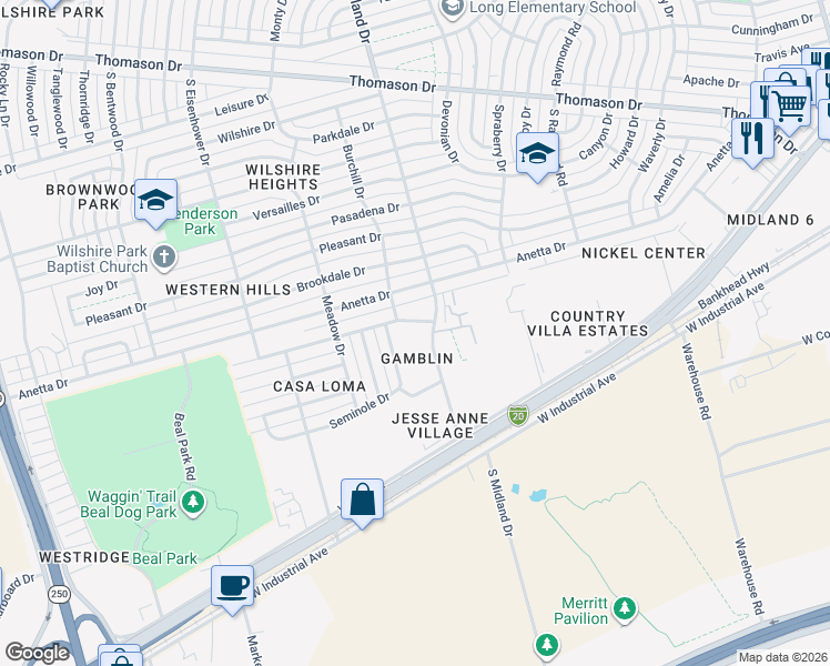 map of restaurants, bars, coffee shops, grocery stores, and more near 1204 South Midland Drive in Midland