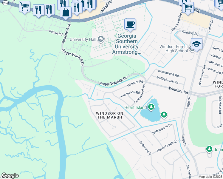 map of restaurants, bars, coffee shops, grocery stores, and more near 802 Windsor Road in Savannah