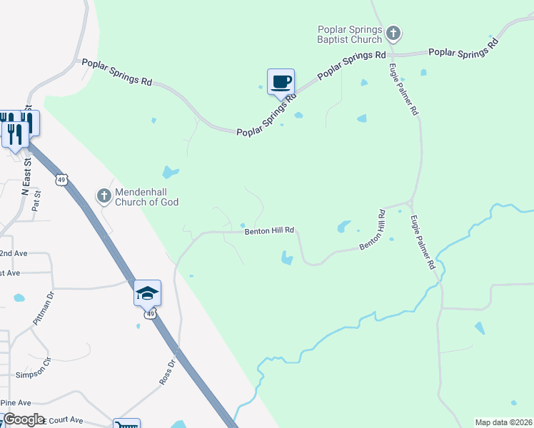 map of restaurants, bars, coffee shops, grocery stores, and more near 111 Johnny Rawls Road in Mendenhall