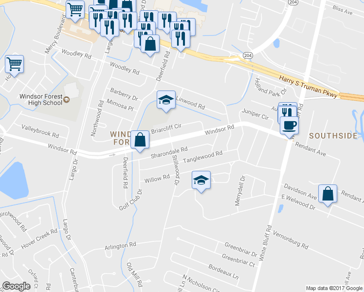 map of restaurants, bars, coffee shops, grocery stores, and more near 322 Sharondale Road in Savannah