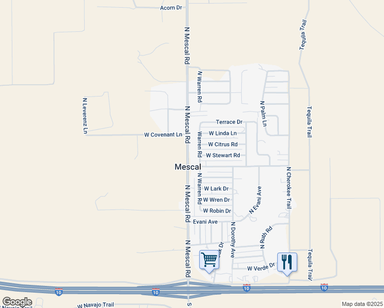 map of restaurants, bars, coffee shops, grocery stores, and more near 455 North Mescal Road in Benson