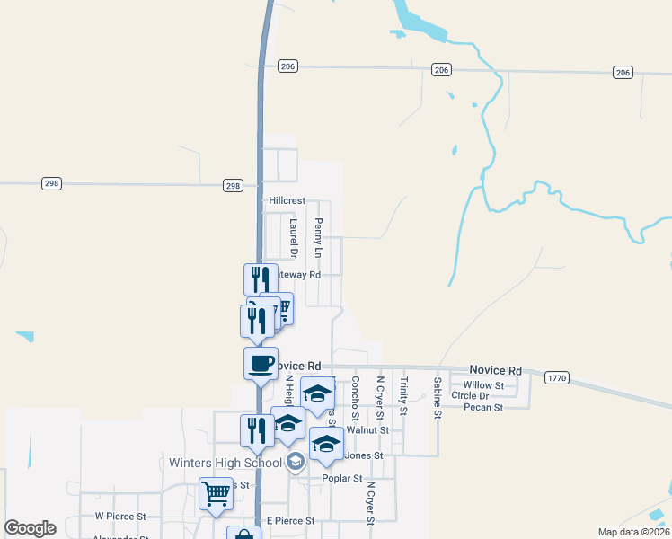 map of restaurants, bars, coffee shops, grocery stores, and more near 200 Hunters Glen Road in Winters