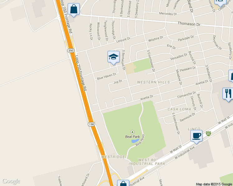 map of restaurants, bars, coffee shops, grocery stores, and more near 5019 Pleasant Drive in Midland